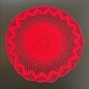Large Red Crocheted Round Doily 15” Handmade Vintage